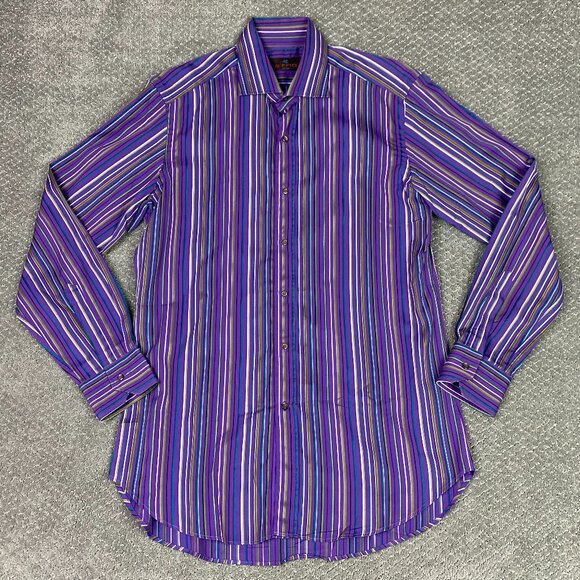 Etro Shirt Men's 40 Purple Green Gold Striped Button Down Up Cotton Milano NWOT - Picture 1 of 12